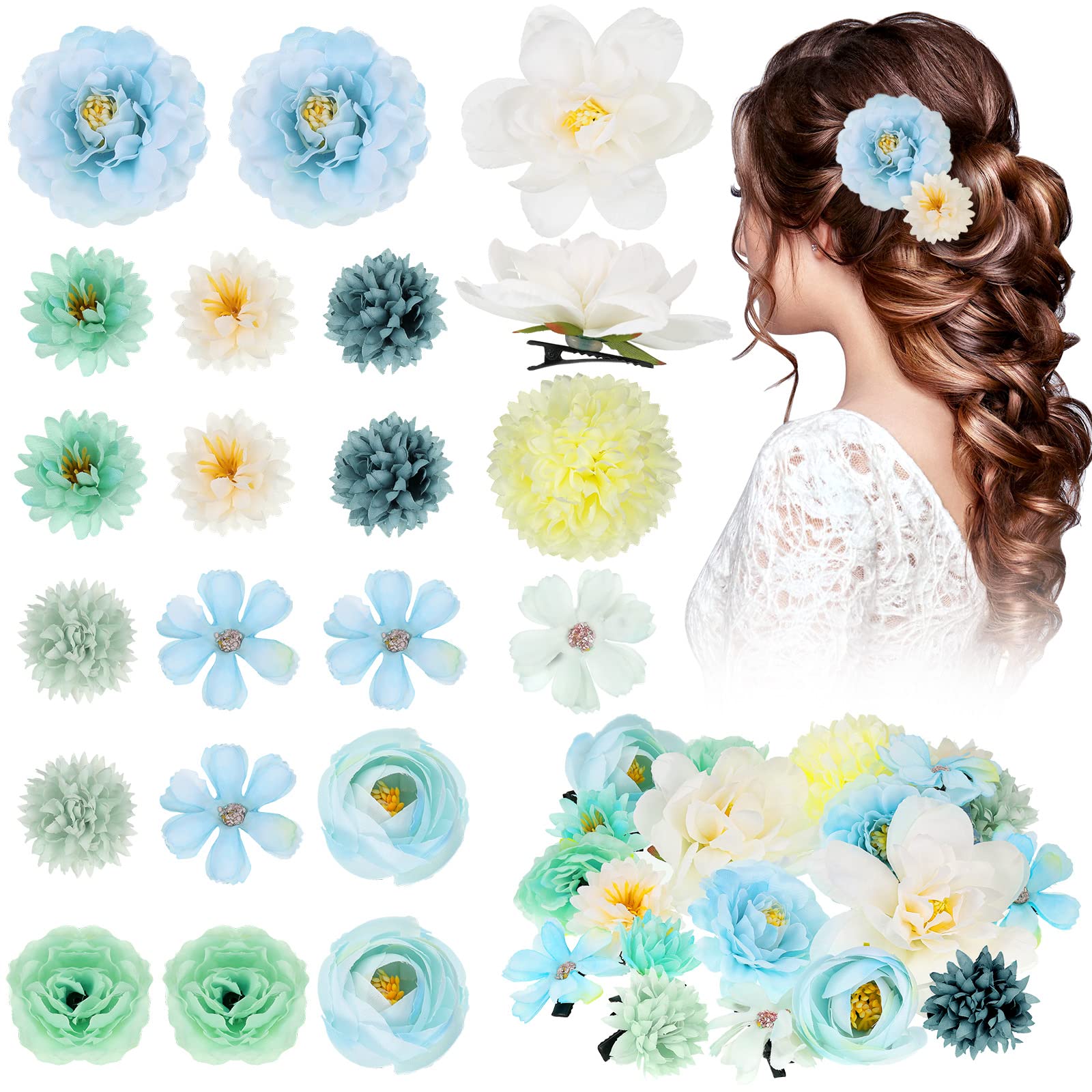 BBTO Flower Hair Clip Rose Hair Clips Barrettes for Women Flower Accessories Boho Bride Claw Clip Hairpin Brooch Pin Headpiece for Wedding(Beige Orange Series,21 Pcs)
