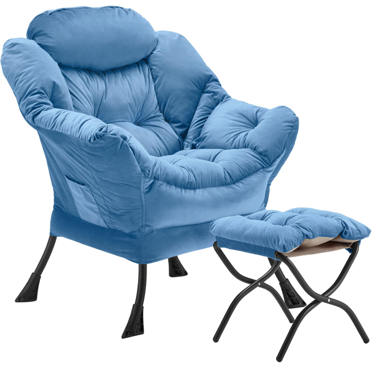 Youtanic Lazy Chair with Folding Ottoman, Accent Chair Velvet Upholstered with Metal Structure and Non-Slip Pads, Sofa Armchair with Footrest and Side Storage Bag for Dorm, Room, Office, Beige