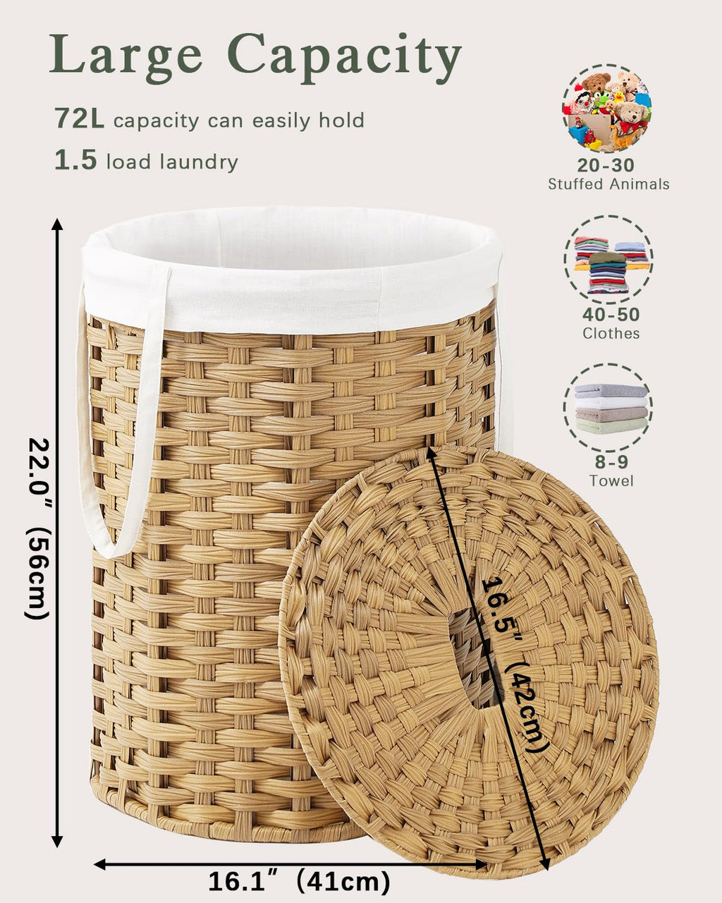SETVSON Laundry Hamper with Lid Laundry Basket with Lid 19.0 Gal (72 L) Round Wicker Laundry Basket Handwoven Rattan Basket with Lid Removable Bag 2 Mesh Bags Handles for Living Room Bathroom Black