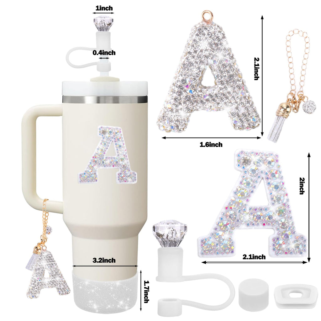Mity rain Accessories Set for Stanley Cup, Initials Decorations for Tumbler Cup 30/40OZ, Including Diamond Straw Topper/Spill Proof Stopper/Sparkly Silicone Boot Set/Letter Charms for Handle A-Z (A-)