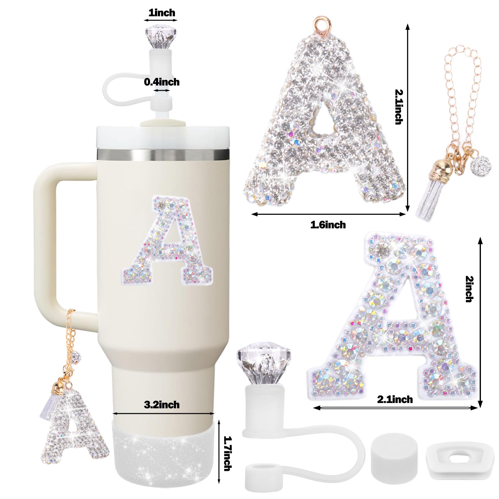 Mity rain Accessories Set for Stanley Cup, Initials Decorations for Tumbler Cup 30/40OZ, Including Diamond Straw Topper/Spill Proof Stopper/Sparkly Silicone Boot Set/Letter Charms for Handle A-Z (A-)