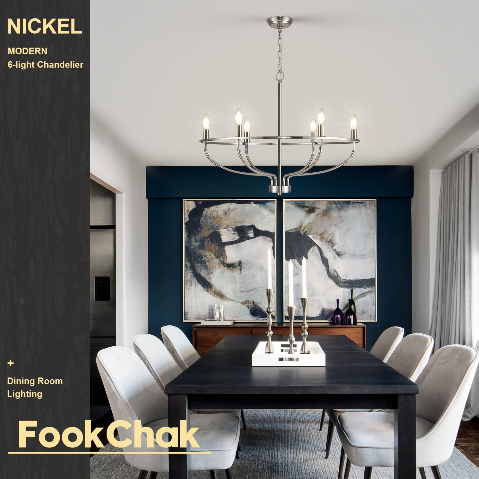Black Chandelier 6-Light Dining Room Chandelier Kitchen Chandeliers Over Table Round Living Room Chandelier Light Fixture for Bedroom, Kitchen, Foyer