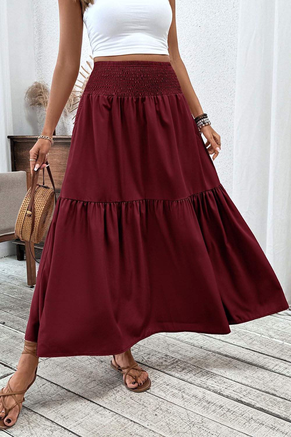 Women's Smocked High Waist Maxi Skirt Casual Boho Long Skirts with Pockets