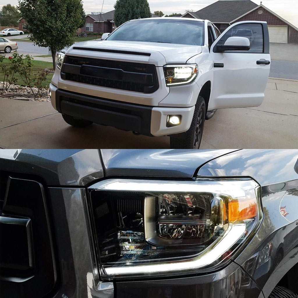 VLAND LED Headlights Compatible with Toyota Tundra 2007-2013/ Sequoia 2008-2021 w/Sequential Turn Signal, w/Diamond White DRL w/LED Reflection bowl Amber Reflector Black Trim Panel