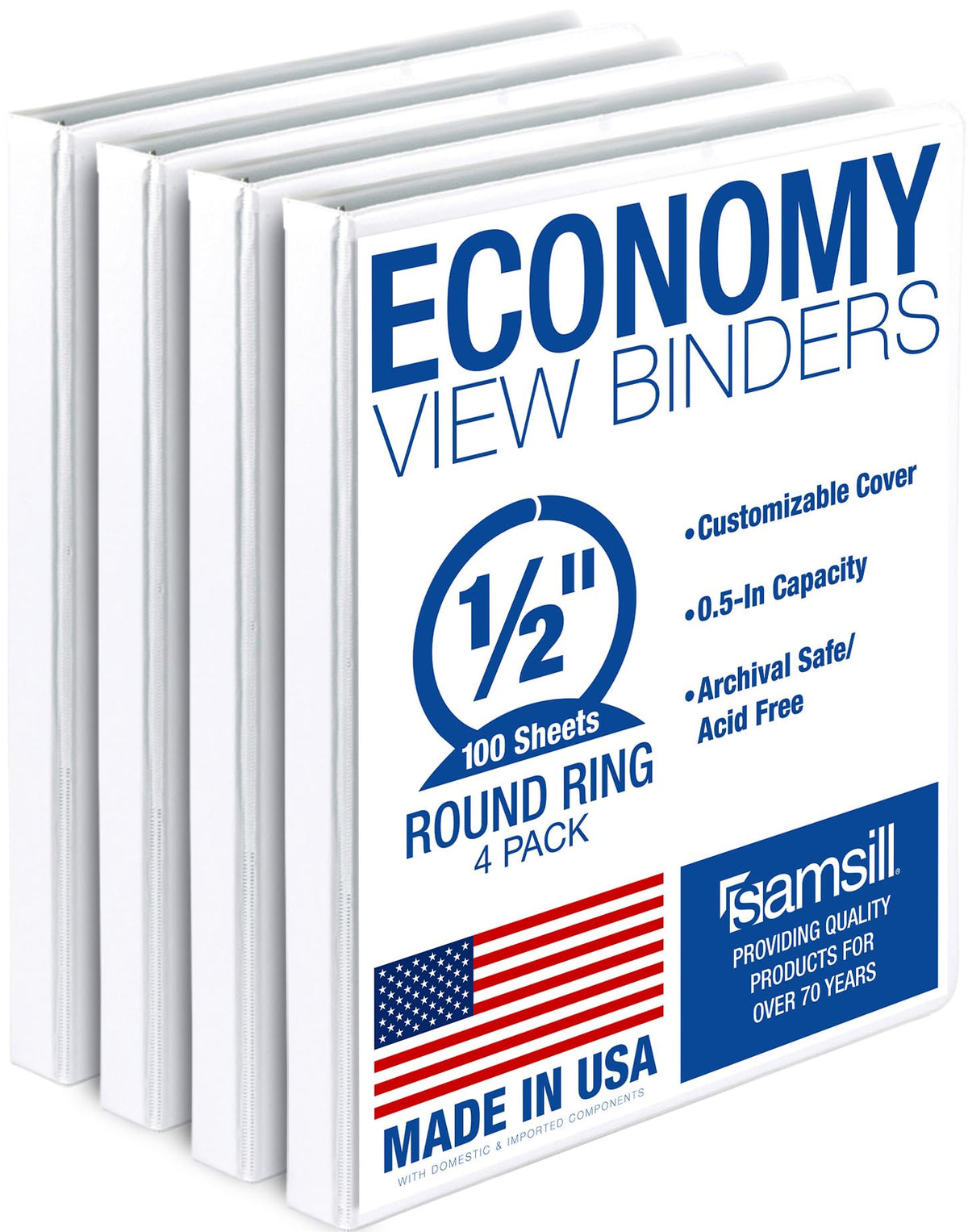 Samsill 1 Inch 3 Ring Binders, Economy Round Ring, Clear View Cover, 200 Sheet Capacity - for School, Home, Office - Blue, 4 Pack