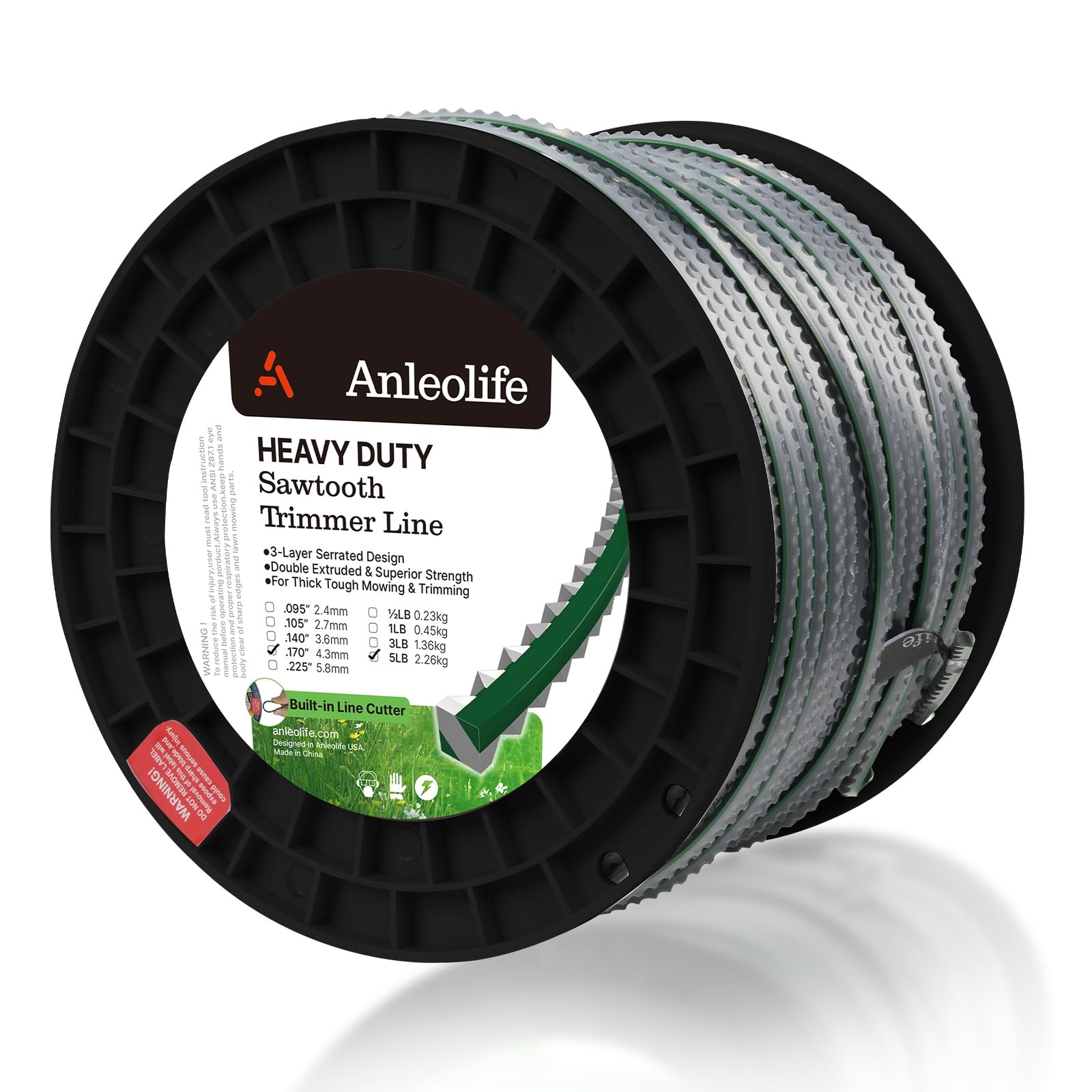 A Anleolife 1-Pound Heavy Duty Sawtooth 140-mil-by-108-ft Dual Core String Serrated Trimmer Line Donut for Walk Behind Wheeled Mowers with Built-in Line Cutter