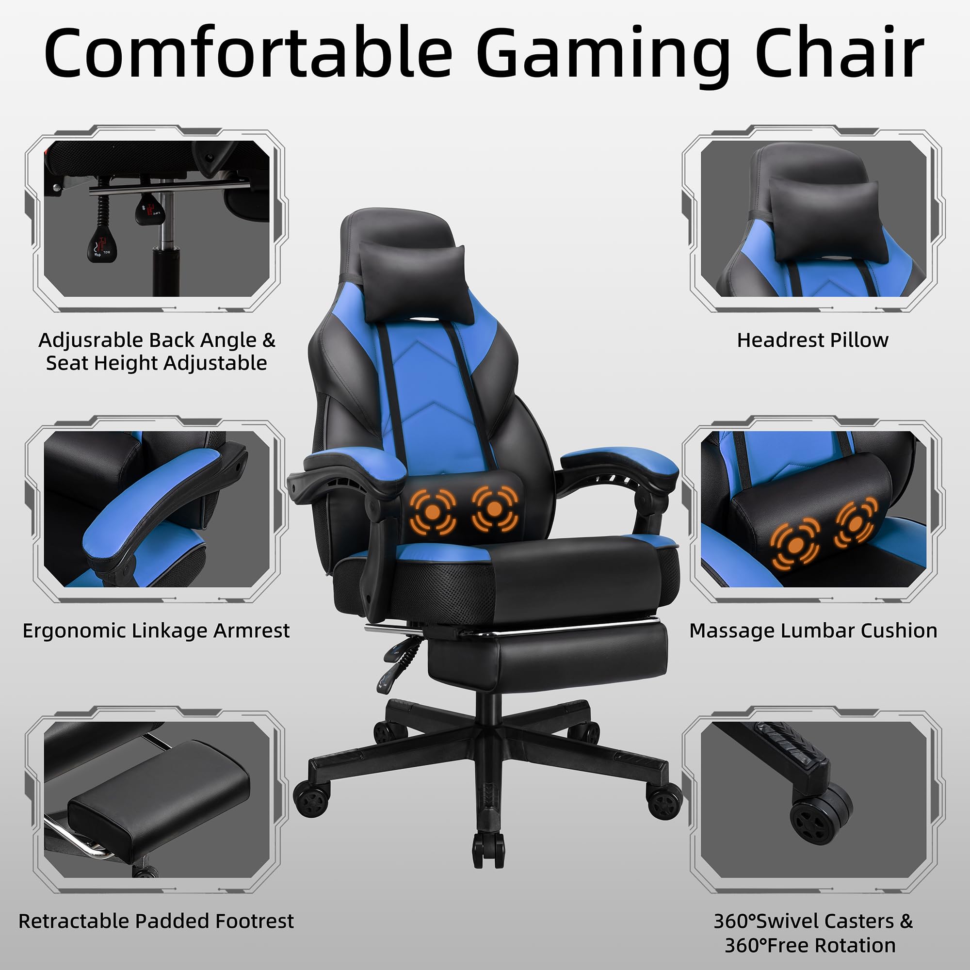 Shintenchi Gaming Chair,Video Game Chair with footrest and Massage Lumbar Support,Height Adjustable Game Chair with 360°Swivel Seat Ergonomic Computer Chair with Headrest for Office or Gaming(Blue)