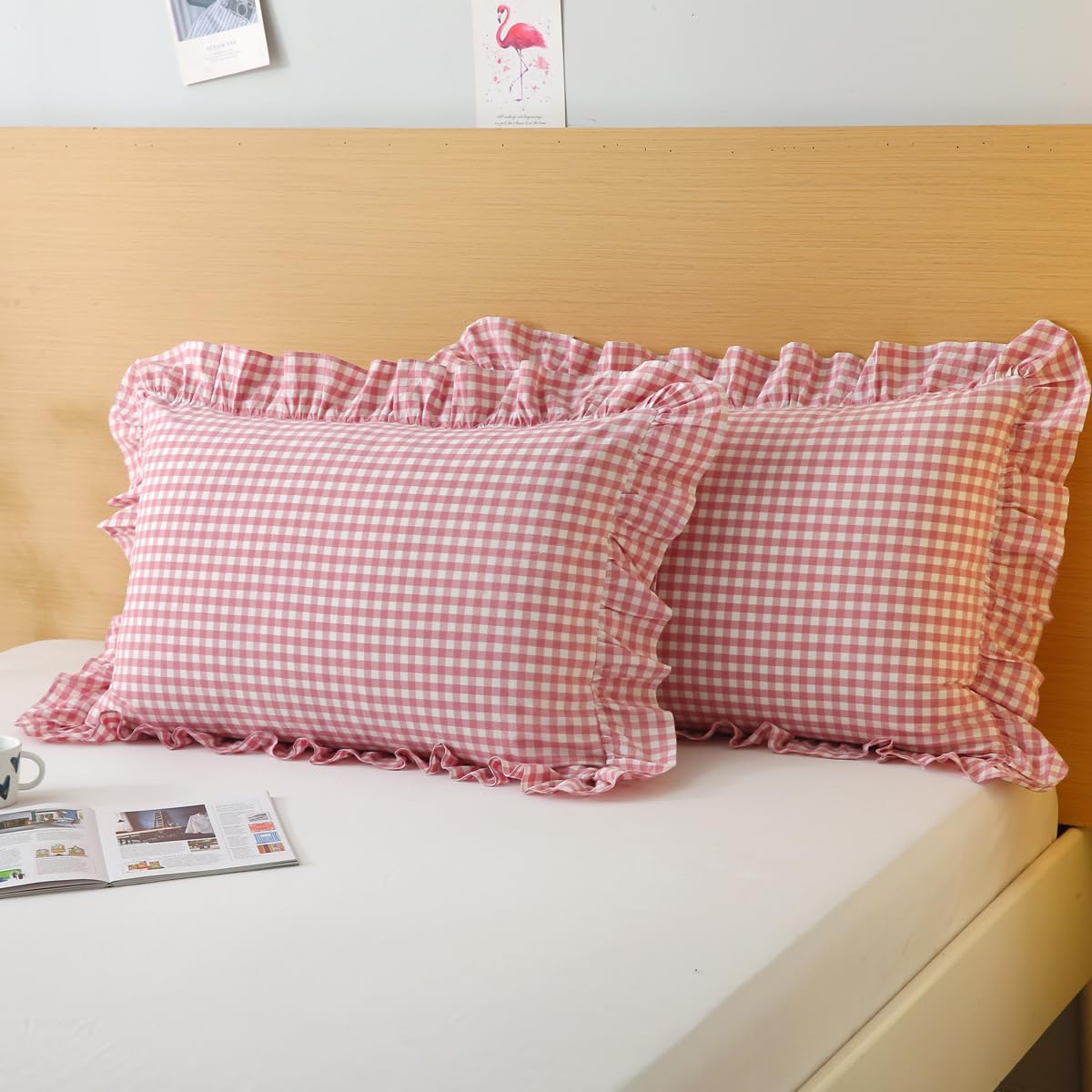 Silnuo Green/White Plaid Ruffled Queen Size Pillow Shams Set of 2,Washed Cotton Shabby Checkered Gingham Farmhouse Bed Pillow Covers 20"x30"