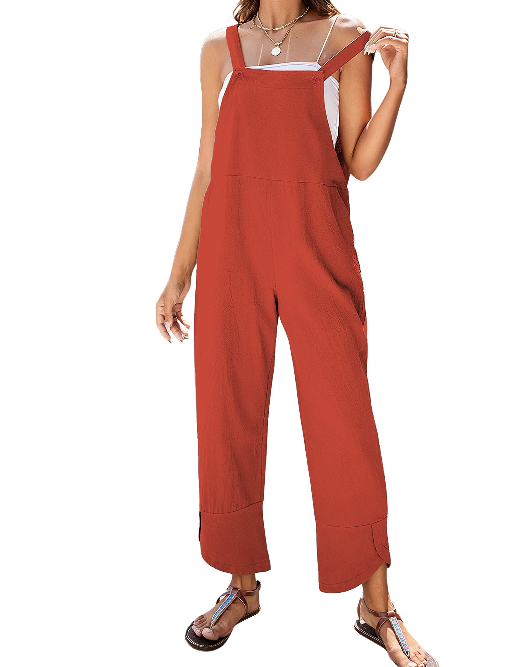 APAFES Women Summer Sleeveless Cotton Linen Bib Overalls Tulip Baggy Capri Jumpsuits with Pockets