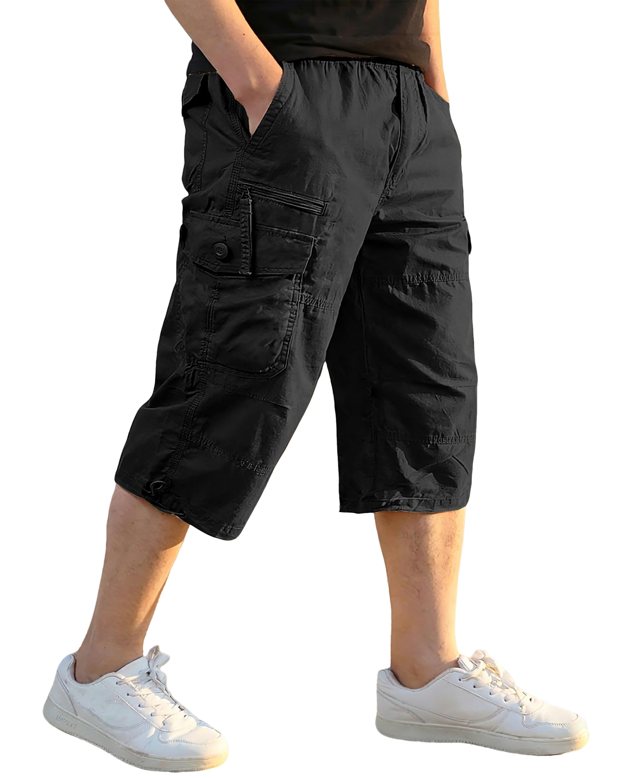 EKLENTSON Men's Cargo Shorts Casual Twill Elastic 3/4 Capri Pants Below Knee Long Shorts with 7 Pockets