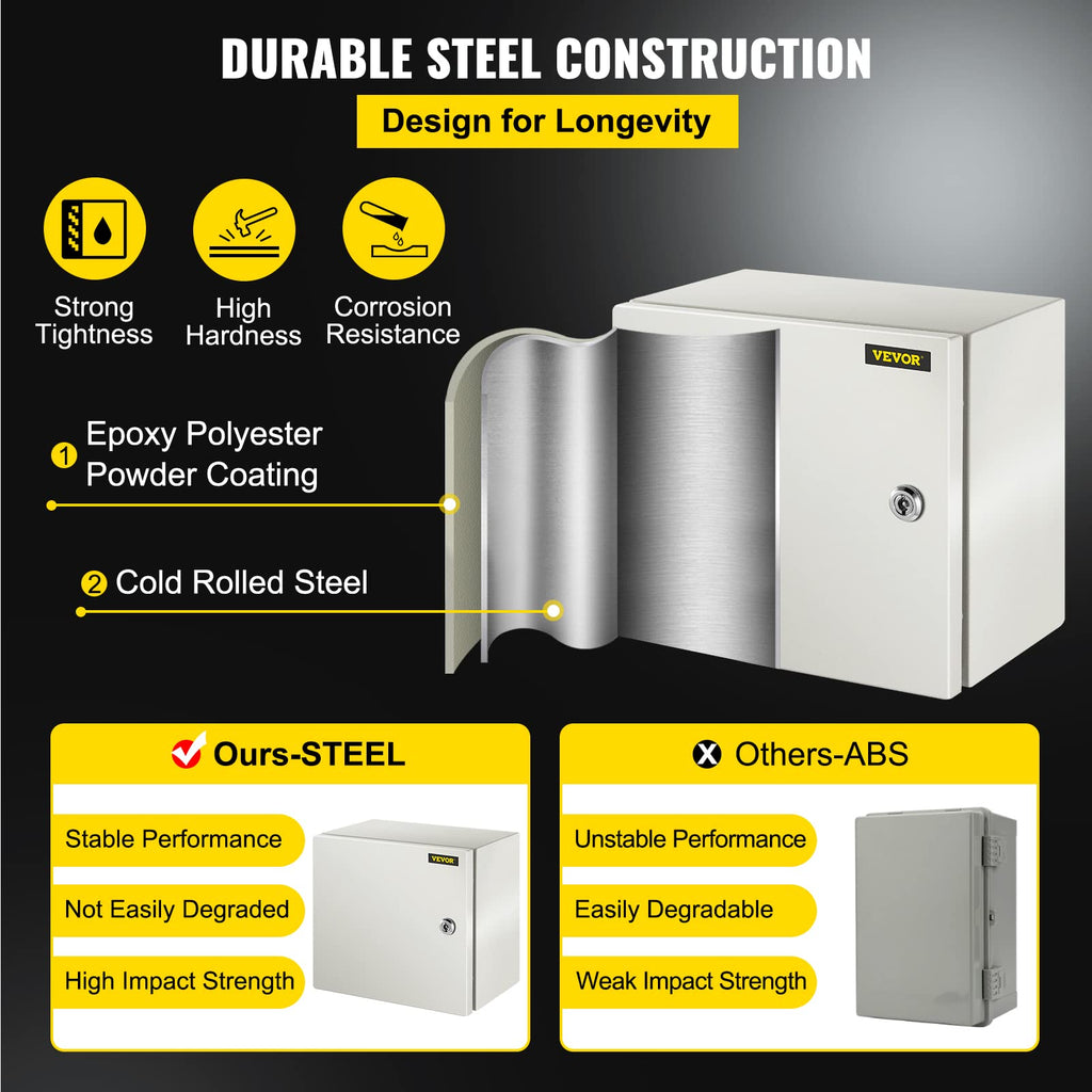 VEVOR NEMA Steel Enclosure, 8" x 8" x 6" NEMA 4X Steel Electrical Box, IP66 Waterproof & Dustproof, Outdoor/Indoor Electrical Junction Box, with Mounting Plate