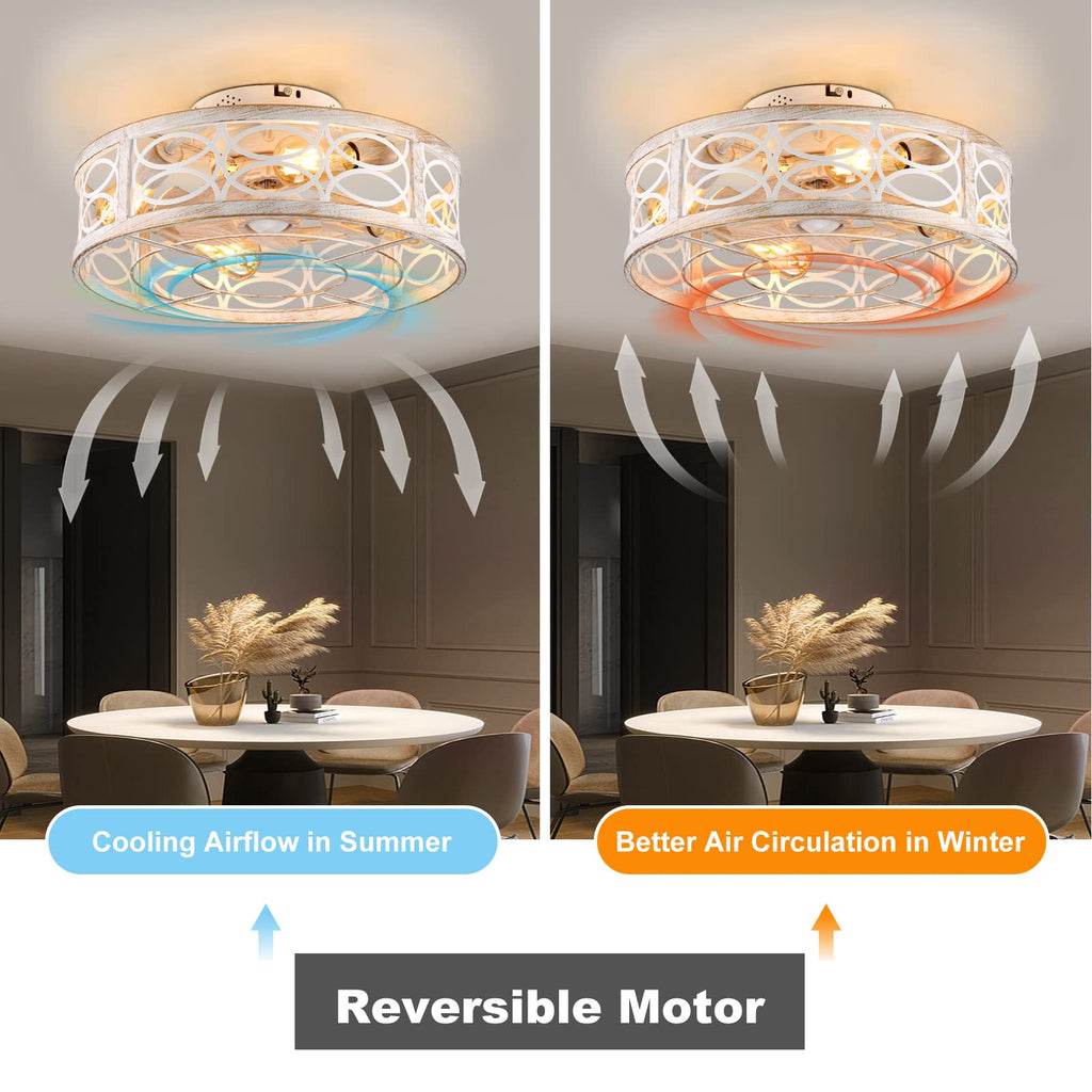 20" Boho Rattan Caged Ceiling Fan with Light,Low Profile Flush Mount Bladeless Ceiling Fan with Remote Control, 6 Speeds Reversible Silent Motor, Farmhouse Fabric Fandalier for Bedroom,Living Room