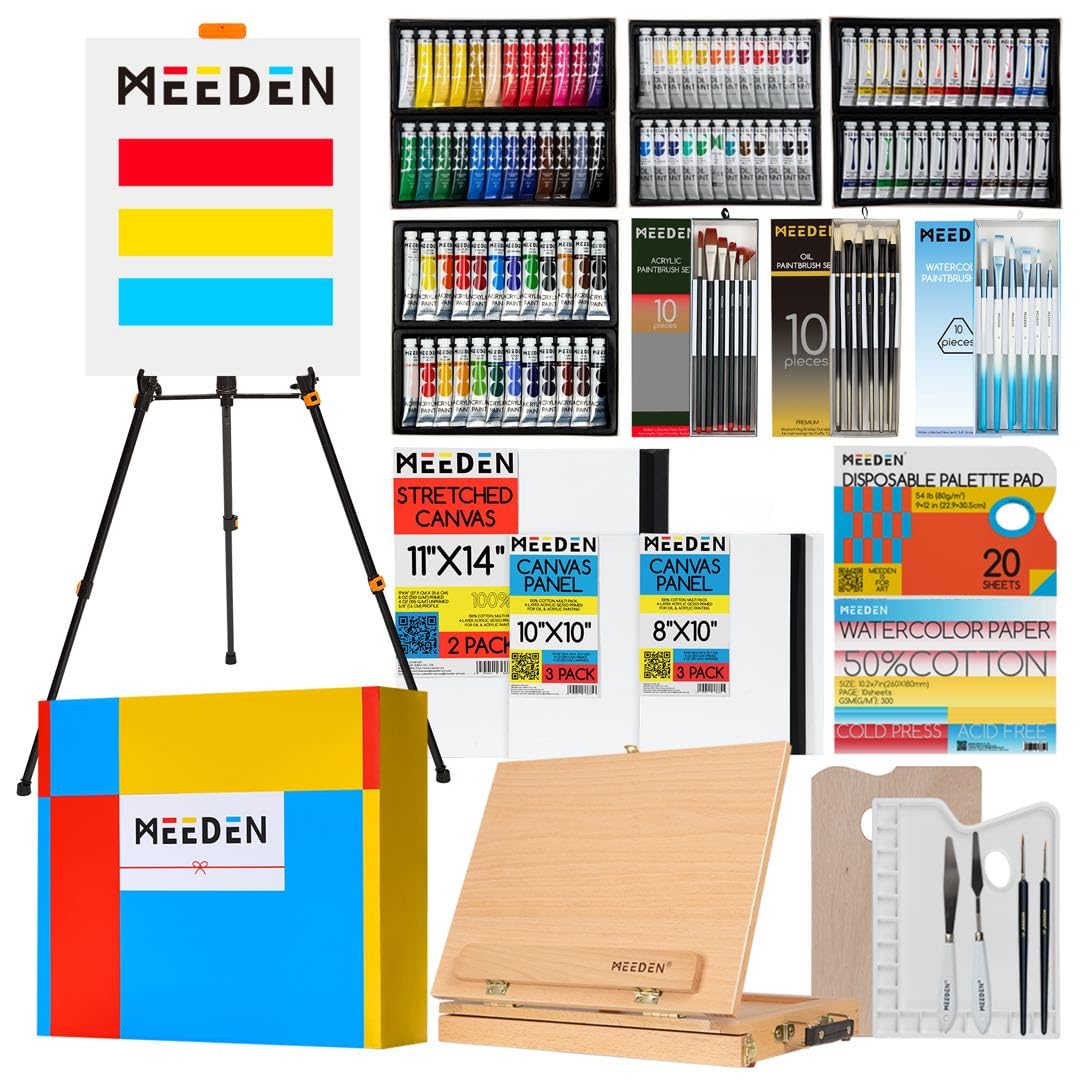 MEEDEN Professional Art Supplies - 142PCS All-in-one Painting Kits for Adults, Beechwood Easel, Aluminum Alloy Bracket, 30 Quality Brushes, 96 Paints & Other Professional Art Supplies.