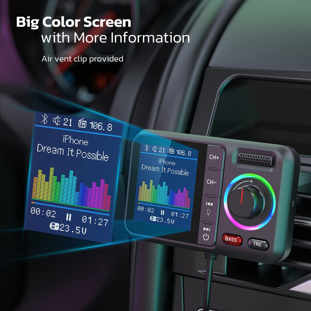 Nulaxy Bluetooth FM Transmitter for Car, Wireless Car Bluetooth V5.0 Adapter with Big Color Screen, Support QC3.0 Fast Charging, Hands-Free Call, MP3 Music Player BASS&TRE Booster, TF Card AUX-KM28