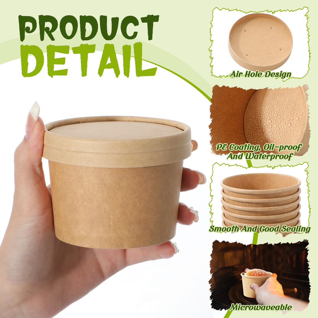 Fulmoon 100 Pack Paper Soup Containers with Lids Disposable Paper Food Containers with Vented Lid Kraft Ice Cream Cake Dessert Cups Soup Bowl for Party Hot Food Fruit Microwave(4 oz,Brown)