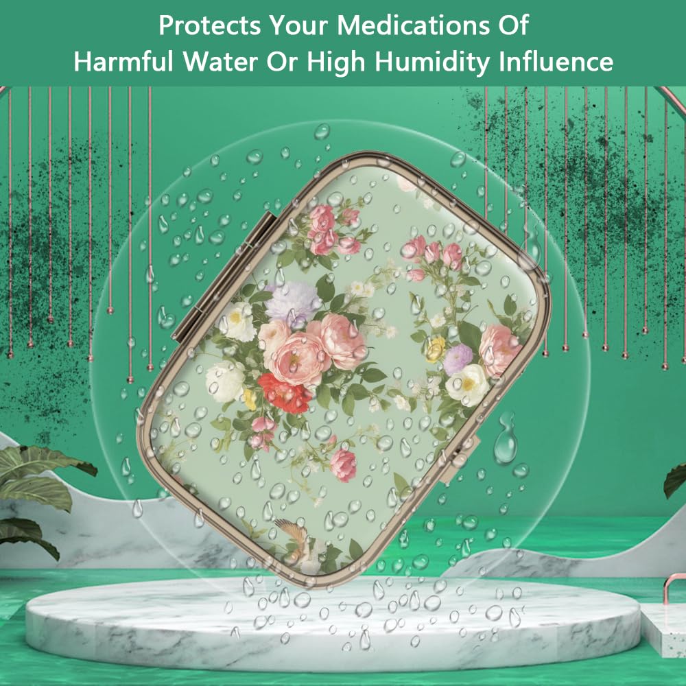 Pill Case Pill Box with Mirror Retro 2 Compartment Small Pill Case for Purse or Pocket Bronze Rectangular Pill Box or Vitamins, Fish Oil, Supplements, Pill Containe Travel Gifts（Retro Red Flowers）