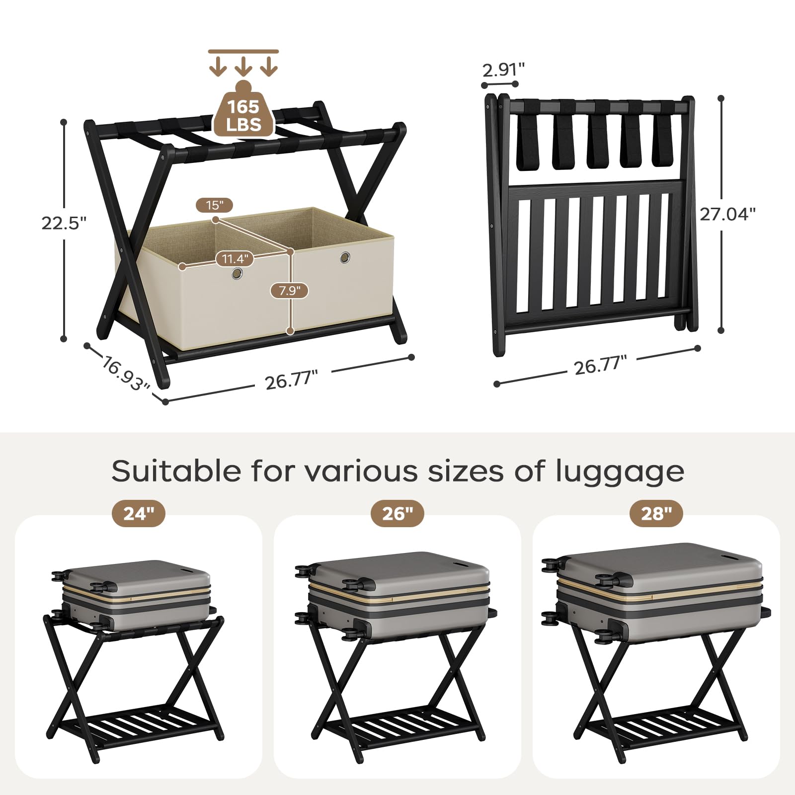 oakvivo Fully Assembled Black Luggage Rack for Guest Room, Bamboo Foldable Suitcase Stand with 5 Nylon Straps, Upgraded Luggage Rack Holder with Shelf for Bedroom Hotel, Holds up to 165 Lbs, 1pcs