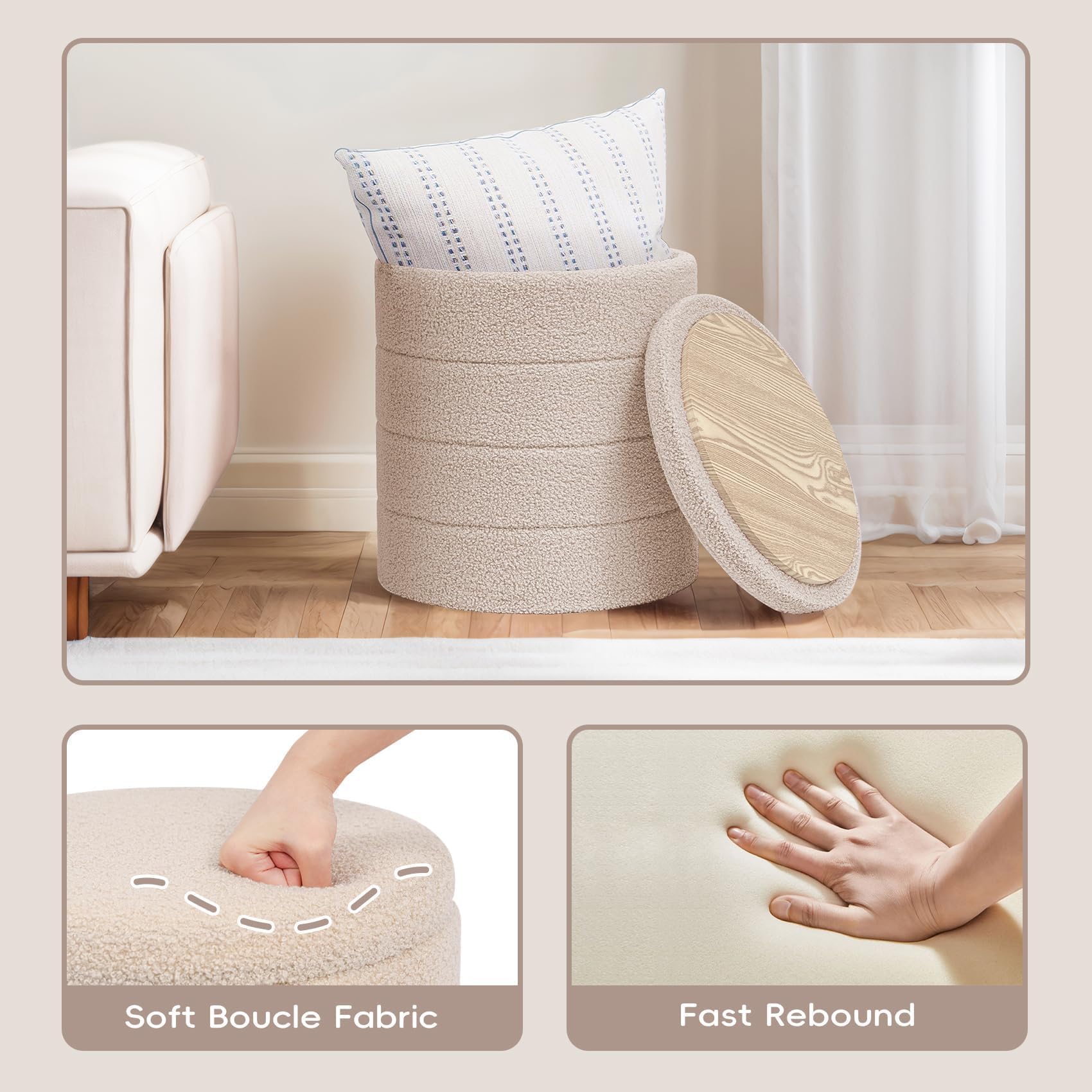 PINPLUS Round Storage Ottoman Foot Rest Stool with Tray Velvet Sherpa Folding Storage Ottoman,Boucle Foot Rest for Living Room, Bedroom, Dorm（Beige）