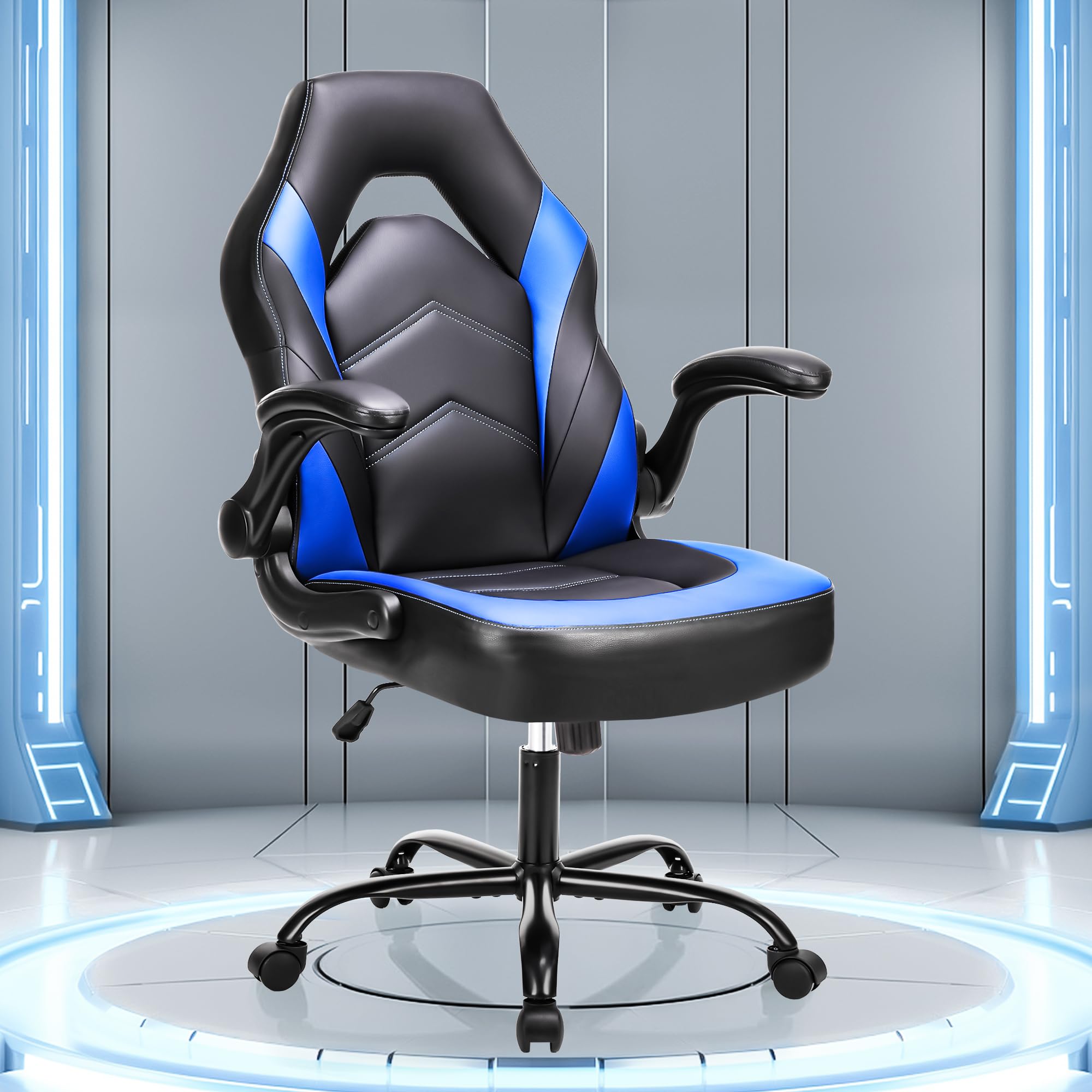 OLIXIS Computer Gaming Desk Chair - Ergonomic Video Game with Comfy Lumbar Support and headrest, PU Leather with Flip-up Arms, Adjustable Height and Swivel Wheels, for Adults, Black