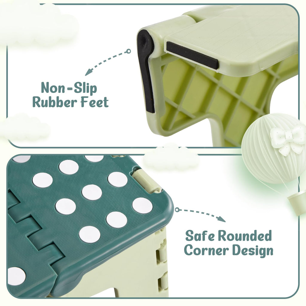 ACSTEP 9 Inch Folding Step Stool 300 LB Capacity Plastic Foldable Step Stools for Kids and Adults, Folding Stool Suitable for Kitchen, Stepping Stool with Handle Bicolor Green Small Step Stool 1PC