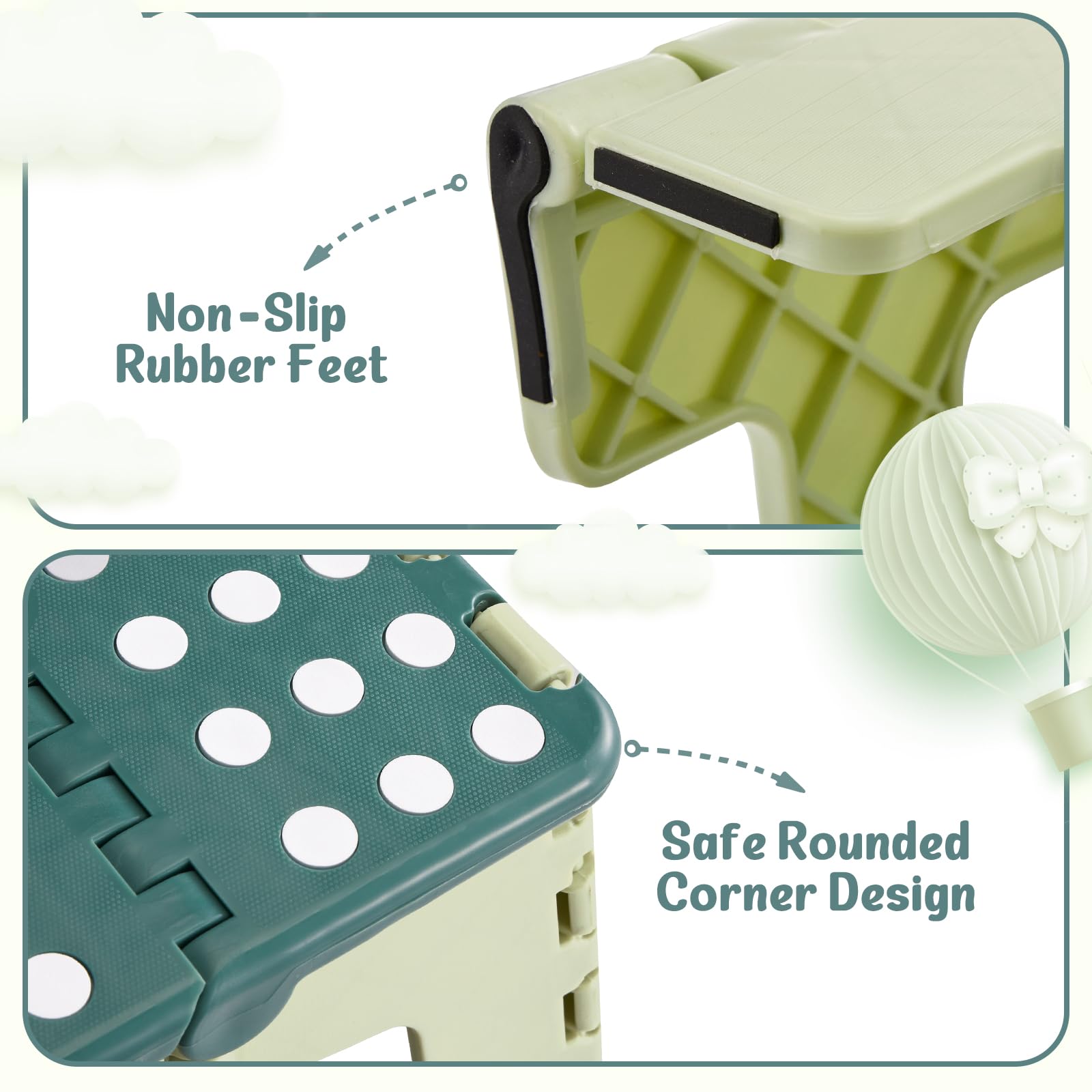 ACSTEP 9 Inch Folding Step Stool 300 LB Capacity Plastic Foldable Step Stools for Kids and Adults, Folding Stool Suitable for Kitchen, Stepping Stool with Handle Bicolor Green Small Step Stool 1PC