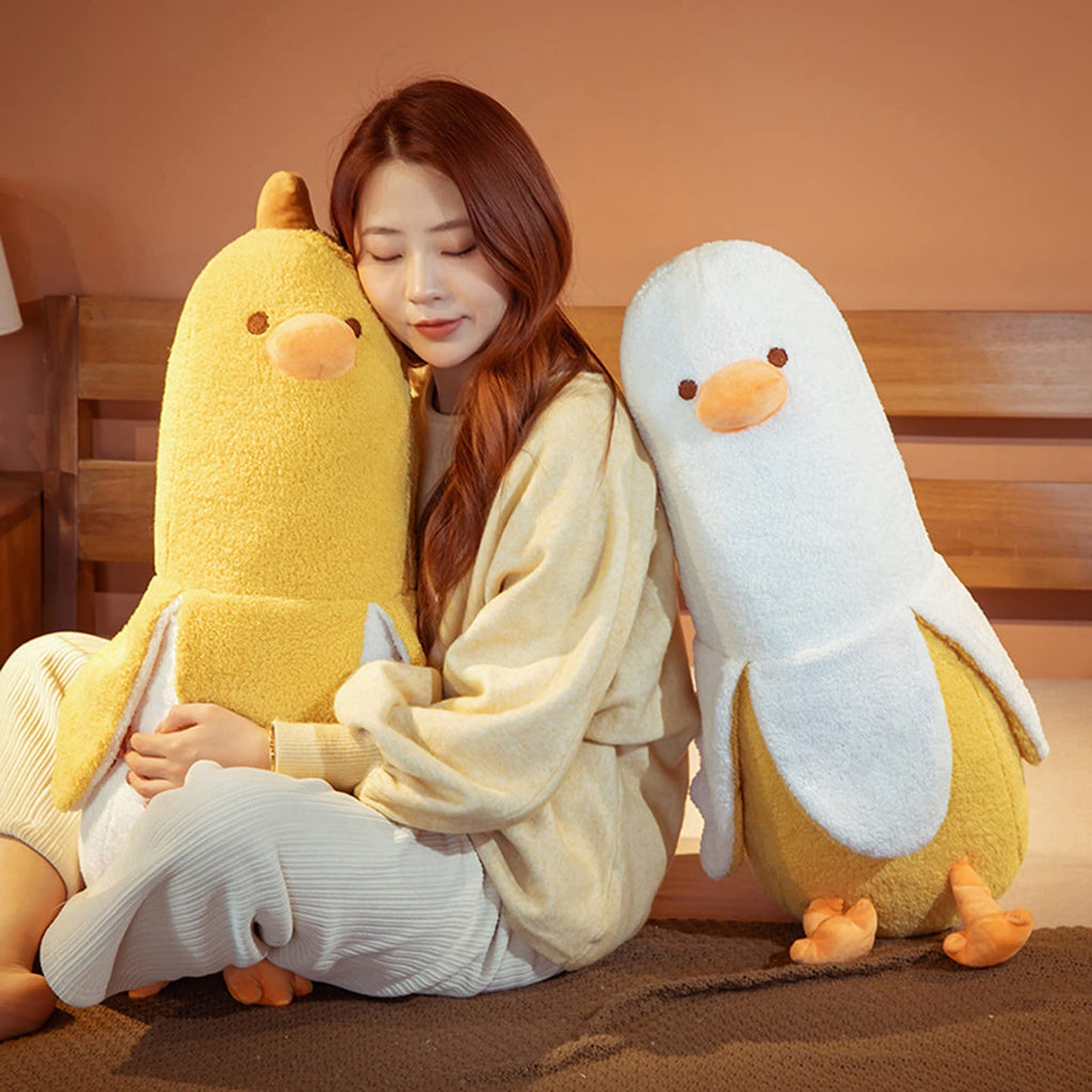 PEACH CAT Cute Banana Duck Stuffed Animal Long Banana Chef Duck Plush Pillow for Girls and Boys White 12"