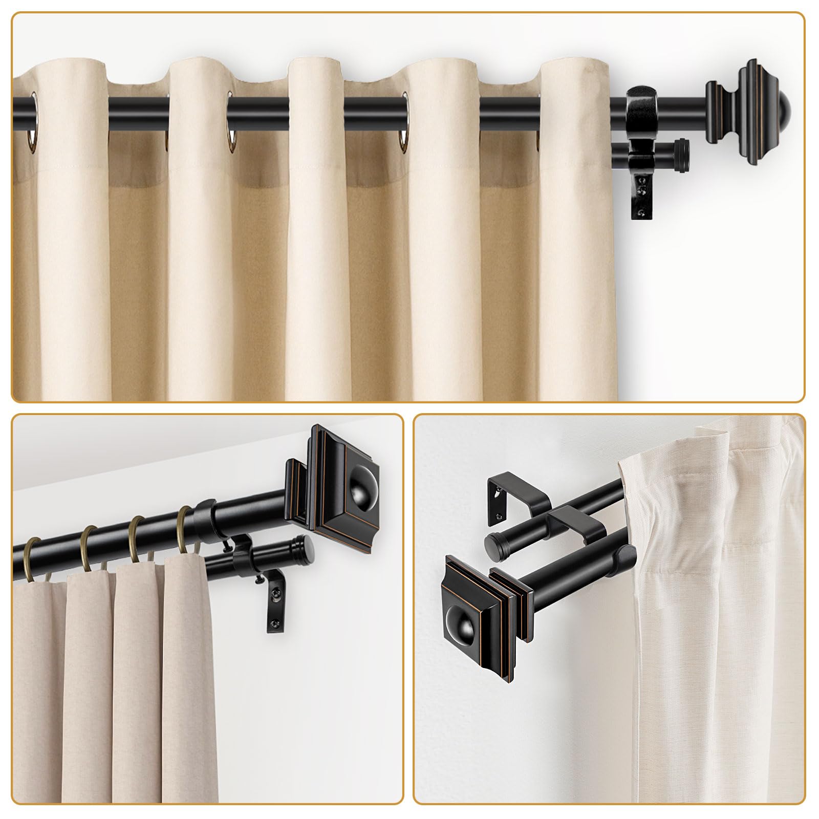 KAMANINA 1 Inch Double Curtain Rods 36 to 72 Inches (3-6 Feet) Telescoping Dark Silver Curtain Rod for Windows 24 to 68 Inches, Heavy Duty Drapery Rods with Square Finials