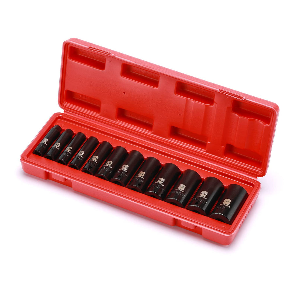 MIXPOWER 12 Pieces 3/8-Inch Drive Shallow Impact Socket Set, 5/16 to 1 inch, CR-V, SAE, 6 Point, Shallow, 12 Pieces 3/8" Dr. Socket
