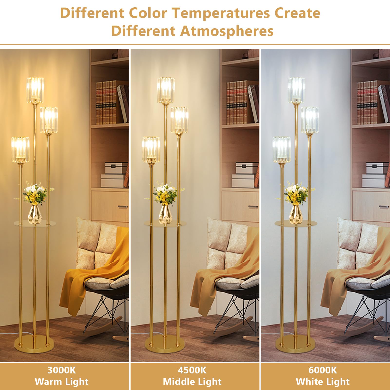 HMVPL Gold Floor Lamps for Living Room, Modern Floor Lamp with Shelves, Crystal Standing Lamps with Table, Brass Tall Lamp with Crystal Shade, On/Off Switch, Mid Century Corner Floor Lamp for Bedroom