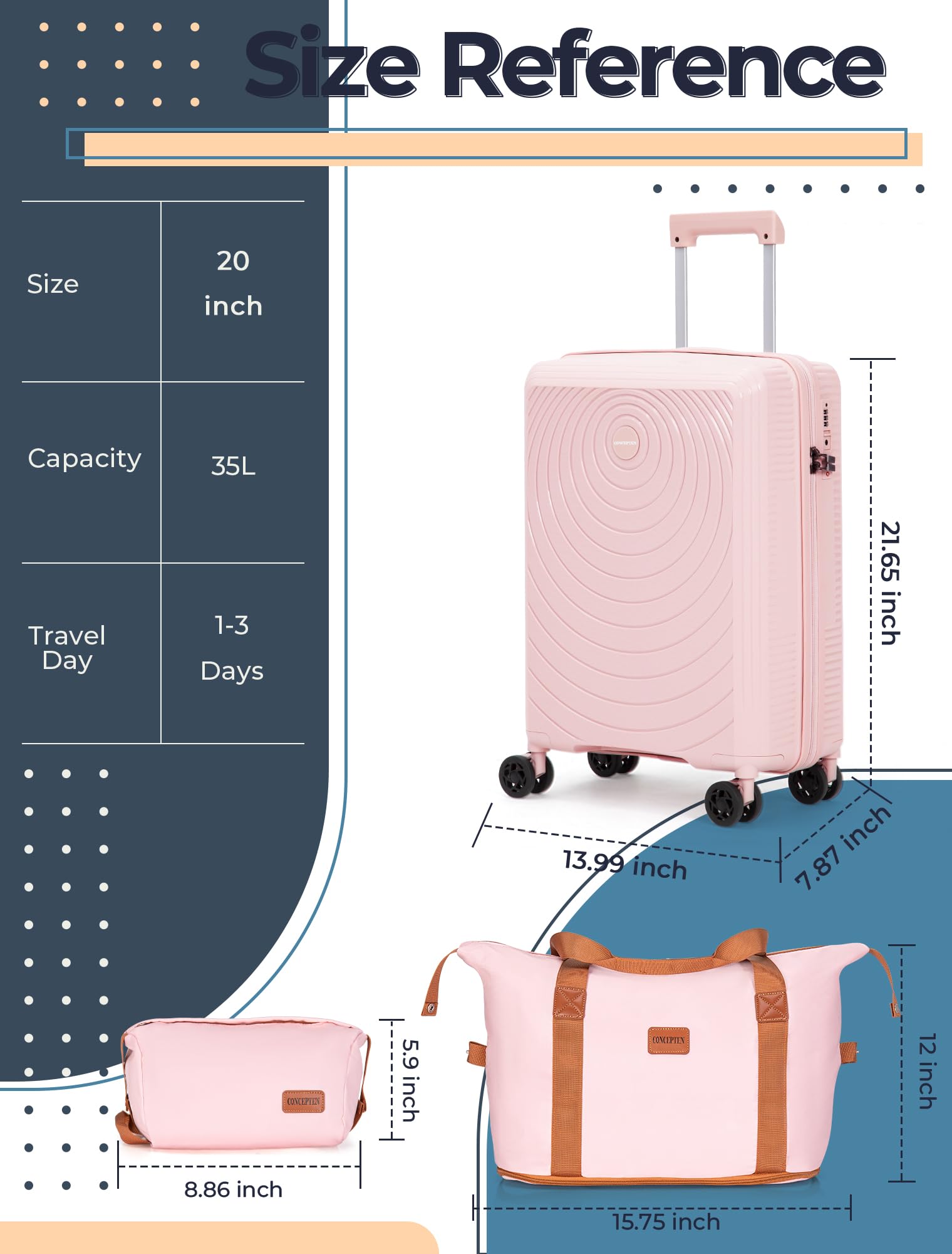 CONCEPTEN Luggage Sets,Suitcases with Wheels, Hardshell Suitcase Set, PP Carry on Luggage Set with TSA Lock, Travel Luggage (Black, Bag Type)