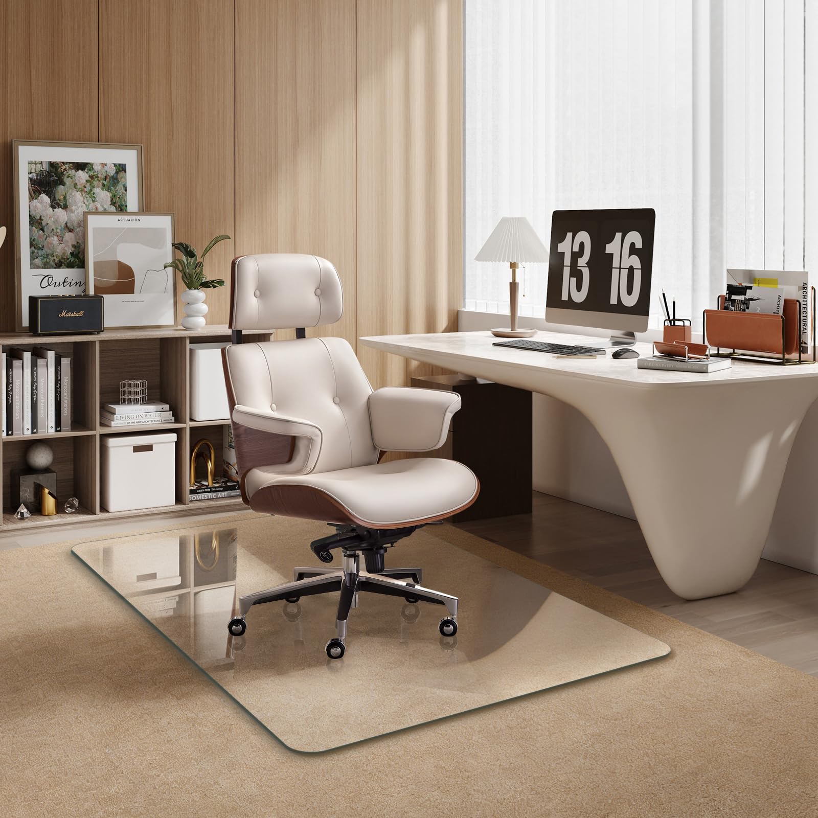 Tempered Glass Chair Mat 48" x 32",1/5" Thick for Office Desk,Rolling Chair Mat for Carpet, Odorless, Easy to Clean with 4 Non-Slip Pads for Carpet & Hardwood Floors