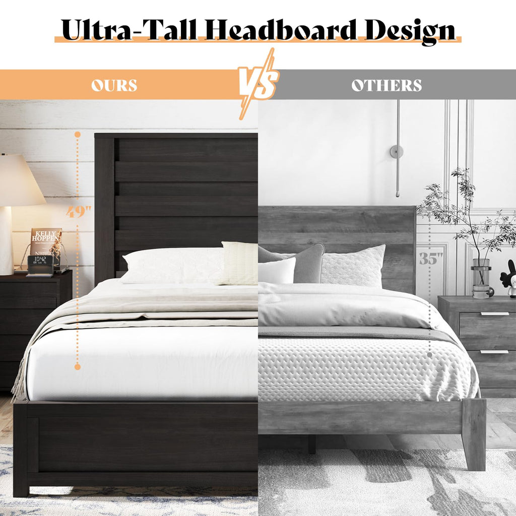 AMERLIFE Farmhouse Full Size Bed Frame with 49" Fluted Headboard, Wood Platform Bed with Natural Grain, No Box Spring Needed/Noise Free, Black