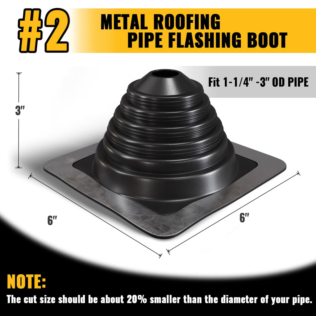VIVIDA #1 Metal Roof Pipe Flashing, Metal Roofing Pipe Boot Kit, High Temp Silicone Vent Boot, for Tube OD 1/4" to 2", Square Base, Screws & Hex Socket Included, 1 Pack, Black