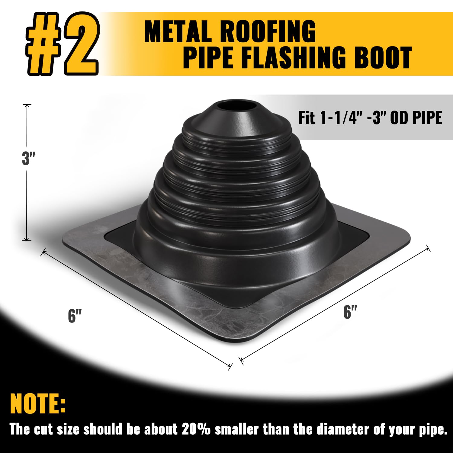 VIVIDA #1 Metal Roof Pipe Flashing, Metal Roofing Pipe Boot Kit, High Temp Silicone Vent Boot, for Tube OD 1/4" to 2", Square Base, Screws & Hex Socket Included, 1 Pack, Black