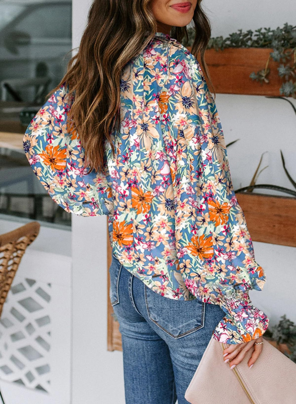 Biucly Women's Casual Boho Floral Print V Neck Long Sleeve Drawstring Tops Loose Blouses Button Down Shirts