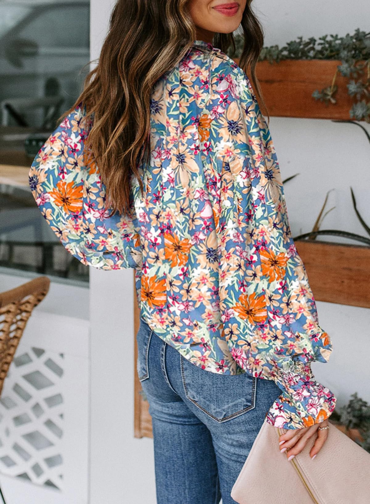 Biucly Women's Casual Boho Floral Print V Neck Long Sleeve Drawstring Tops Loose Blouses Button Down Shirts
