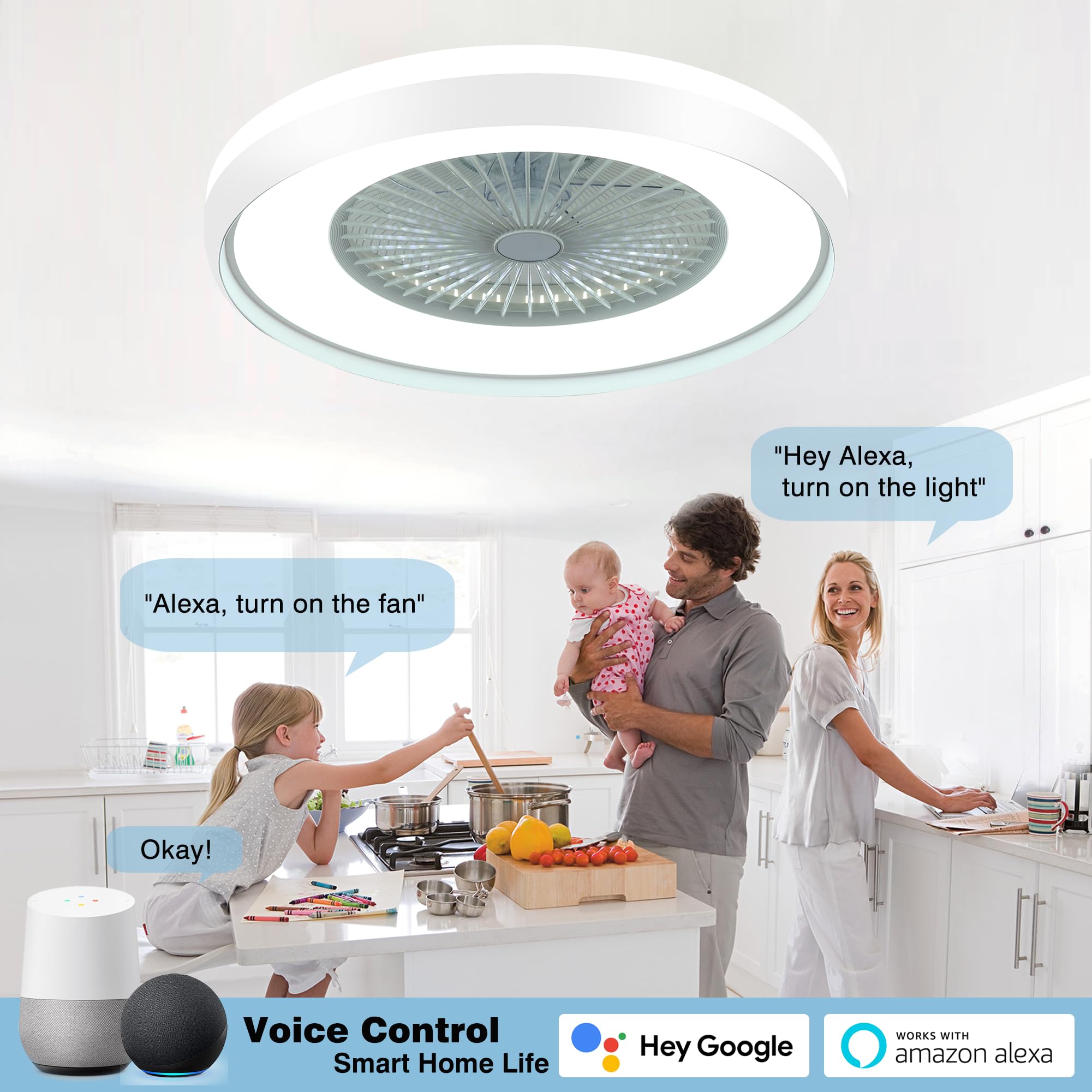 24" Bladeless Ceiling Fan with Light Remote, Smart LED Ceiling Fans with App Control, Modern Low Profile Dimmable Light Ceiling Fan for Bedroom Living Room Gold