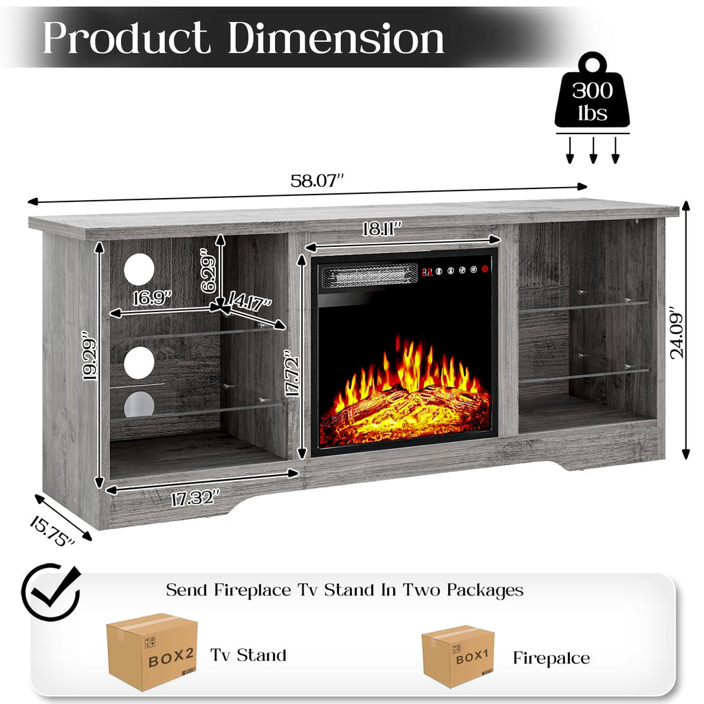 VITESSE 58 Inches Fireplace TV Stand for TVs up to 65 Inches Console with 18'' Electric Fireplace & Remote,Wooden Modern Entertainment Center for Living Room with LED Light Glass Shelves（Bei）