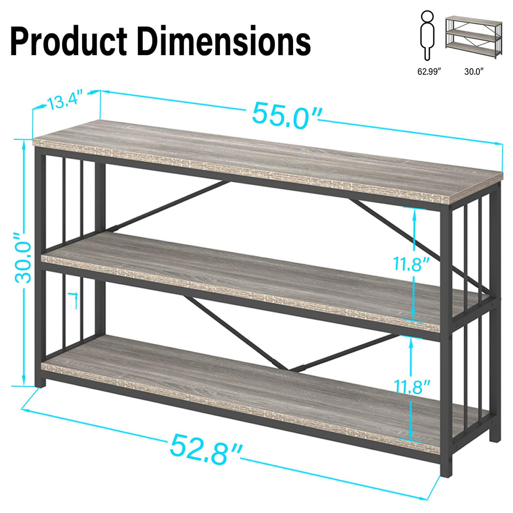 LVB Black Console Table, Modern Entryway Table for Hallway Living Room, Industrial Sofa Table Behind Couch, Farmhouse Wooden Metal Entry Table for Foyer with 3-Tier Storage Shelves, Black Oak, 55 Inch