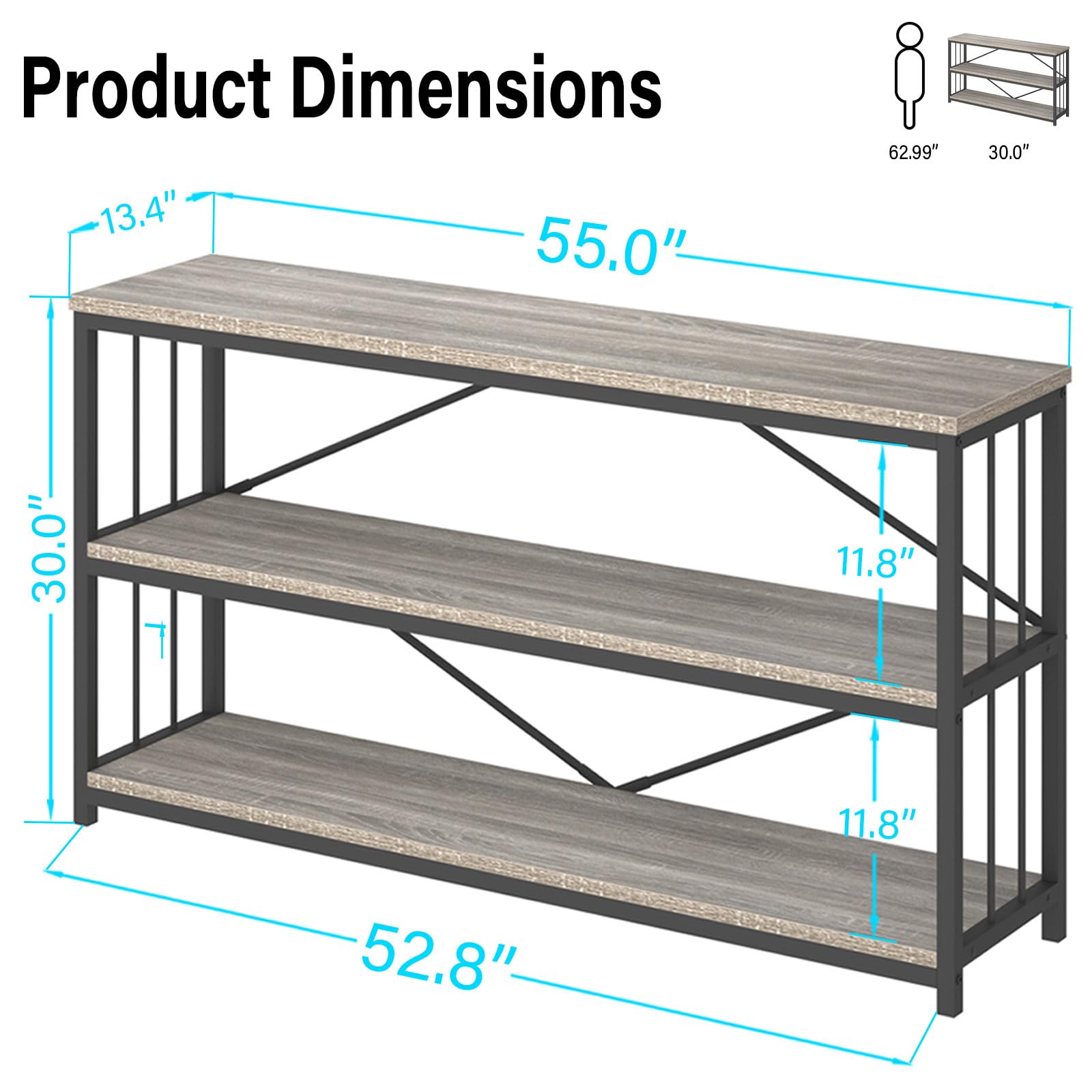 LVB Black Console Table, Modern Entryway Table for Hallway Living Room, Industrial Sofa Table Behind Couch, Farmhouse Wooden Metal Entry Table for Foyer with 3-Tier Storage Shelves, Black Oak, 55 Inch