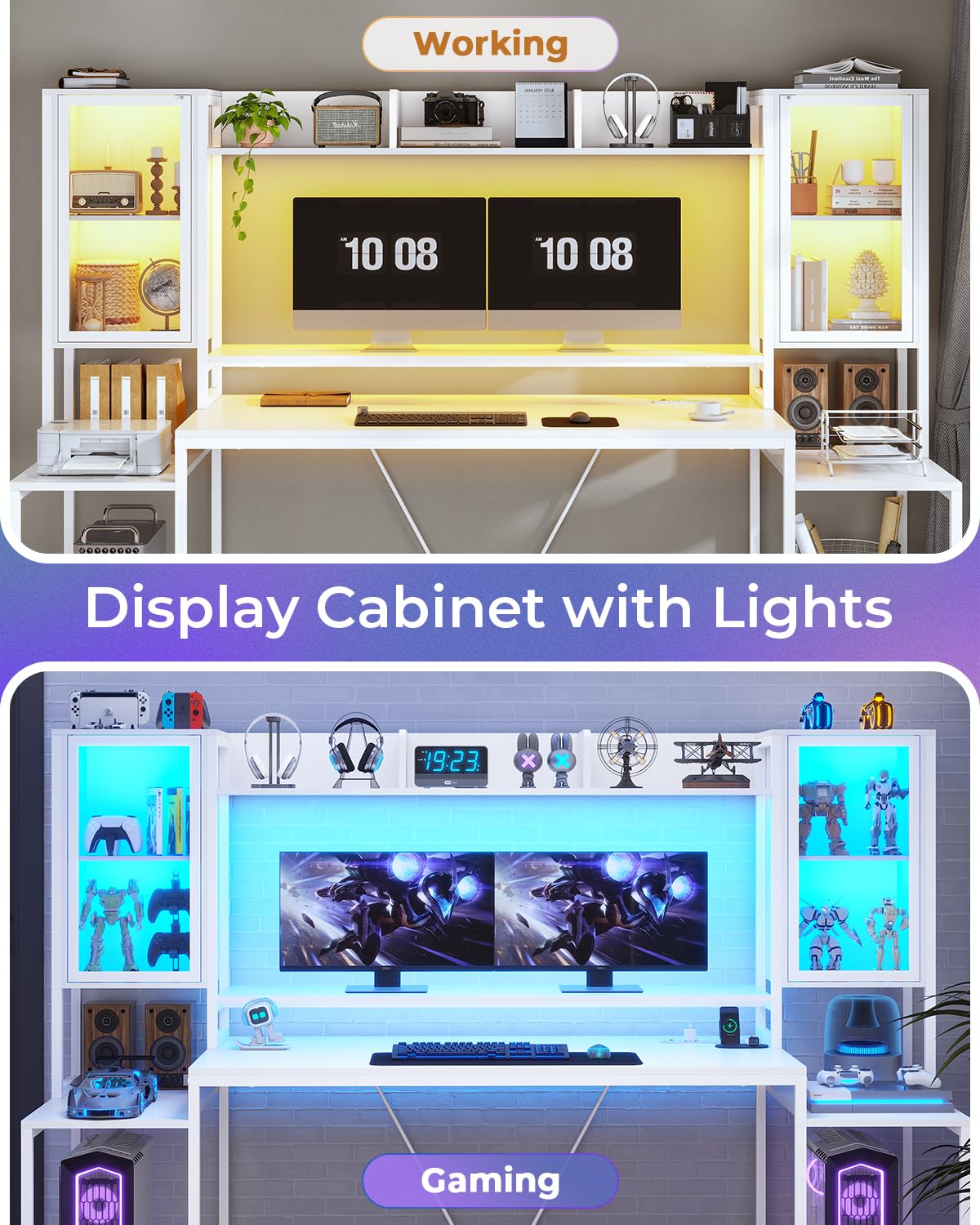 SEDETA Gaming Desk 74.8'' with LED Lights, Hutch and Storage Shelves, Computer Desk with Monitor Stand, Large PC Gamer Desk Workstation, Ergonomic Gaming Table for Bedroom, Living Room, Black