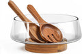 KITEISCAT Extra Large Glass Salad Bowl Set - Party Salad Bowls with Acacia Wood Base and Serving Utensils - Elegant and Practical Kitchen Must-Have