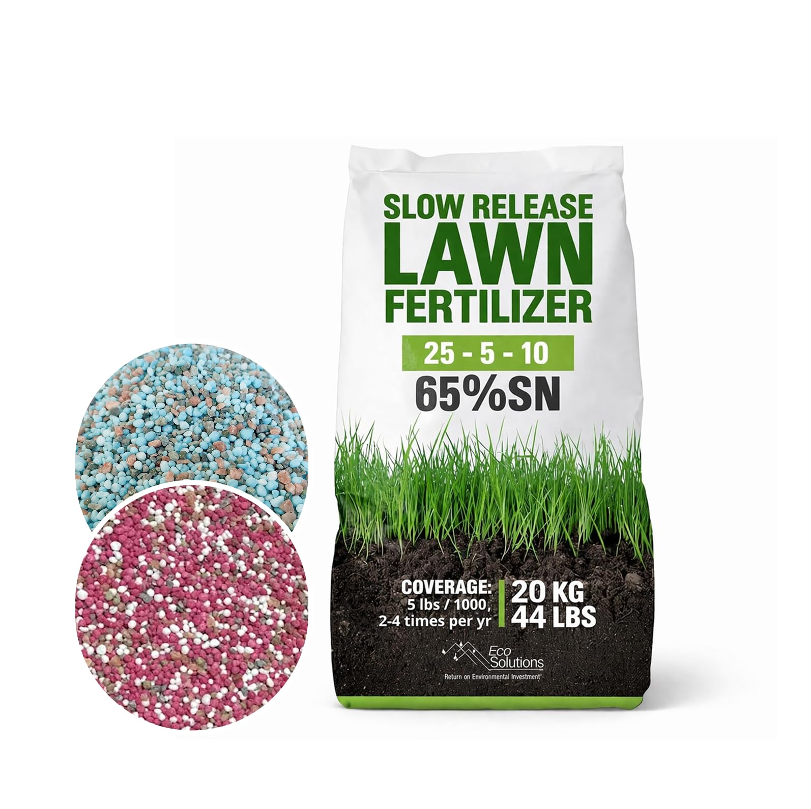 Slow Release Lawn Fertilizer 25-5-10 NPK - 65% Granular Nitrogen Formula for Deep Feeding up to 110 Days - 10kg (22lbs) Bag - Kid & Pet Safe Lawn Care for Lush Green Grass