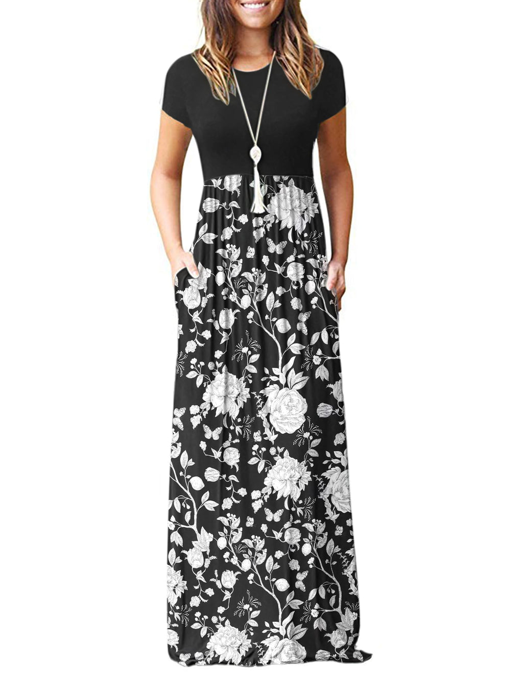 MISFAY Women Short Sleeve Loose Plain Maxi Dresses Casual Long Dresses Pockets