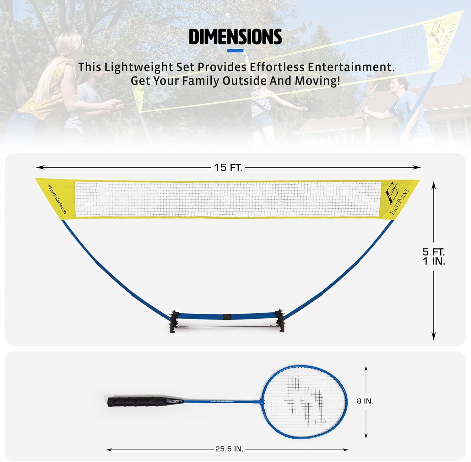 EastPoint Easy Setup Badminton Set - 15 ft Net, 4 Rackets, 2 Shuttlecocks - Quick Setup Net for Backyard Games - Steel Shaft Badminton Rackets for Family Games - Durable Shuttlecocks for Outdoors