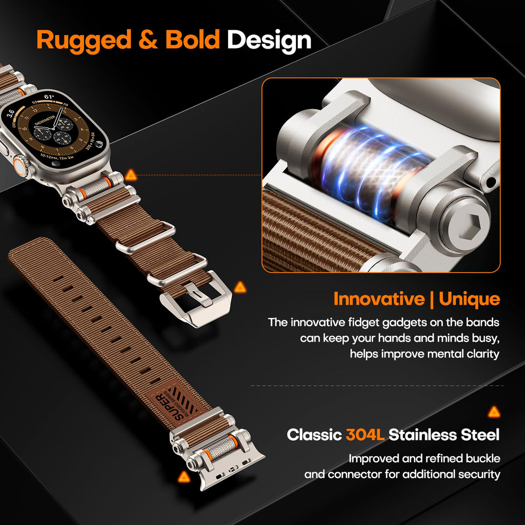 TAURI Nylon for Apple Watch Bands SE/Series 9/8/7/6/5/4 44/45mm, Rugged Nylon Braided Strap & Stainless Steel Connector – iWatch 44mm/45mm Adjustable Woven Band for Men Women, All Black