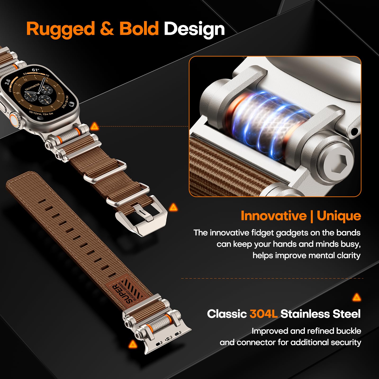 TAURI Nylon for Apple Watch Bands SE/Series 9/8/7/6/5/4 44/45mm, Rugged Nylon Braided Strap & Stainless Steel Connector – iWatch 44mm/45mm Adjustable Woven Band for Men Women, All Black