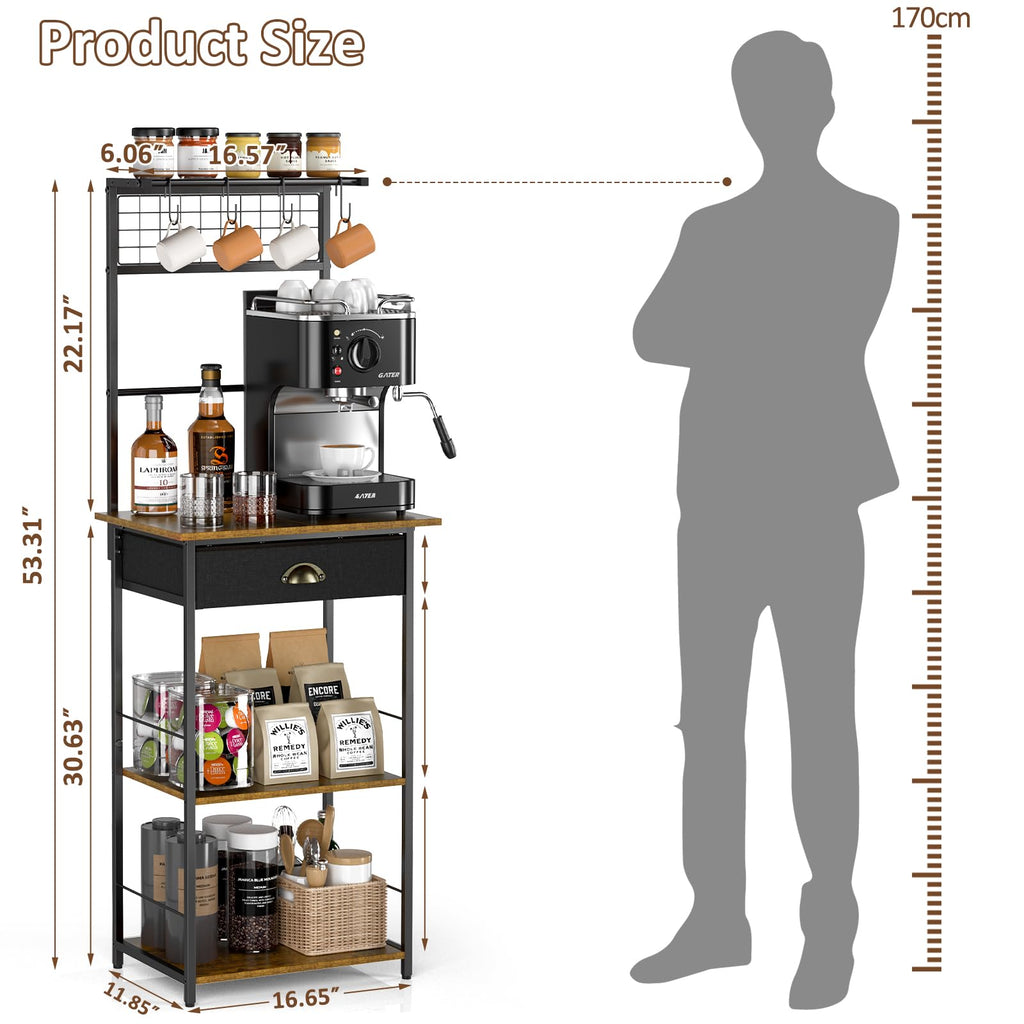 5 Tier Coffee Bar Station, Kitchen Stand with 4 S-Shaped Hooks, Farmhouse Corner Coffee Bar Cabinet for Small Spaces, Bakers Rack for Kitchen, Entryway, Living Room, 13.43"D x 18.93"W x 53.31"H