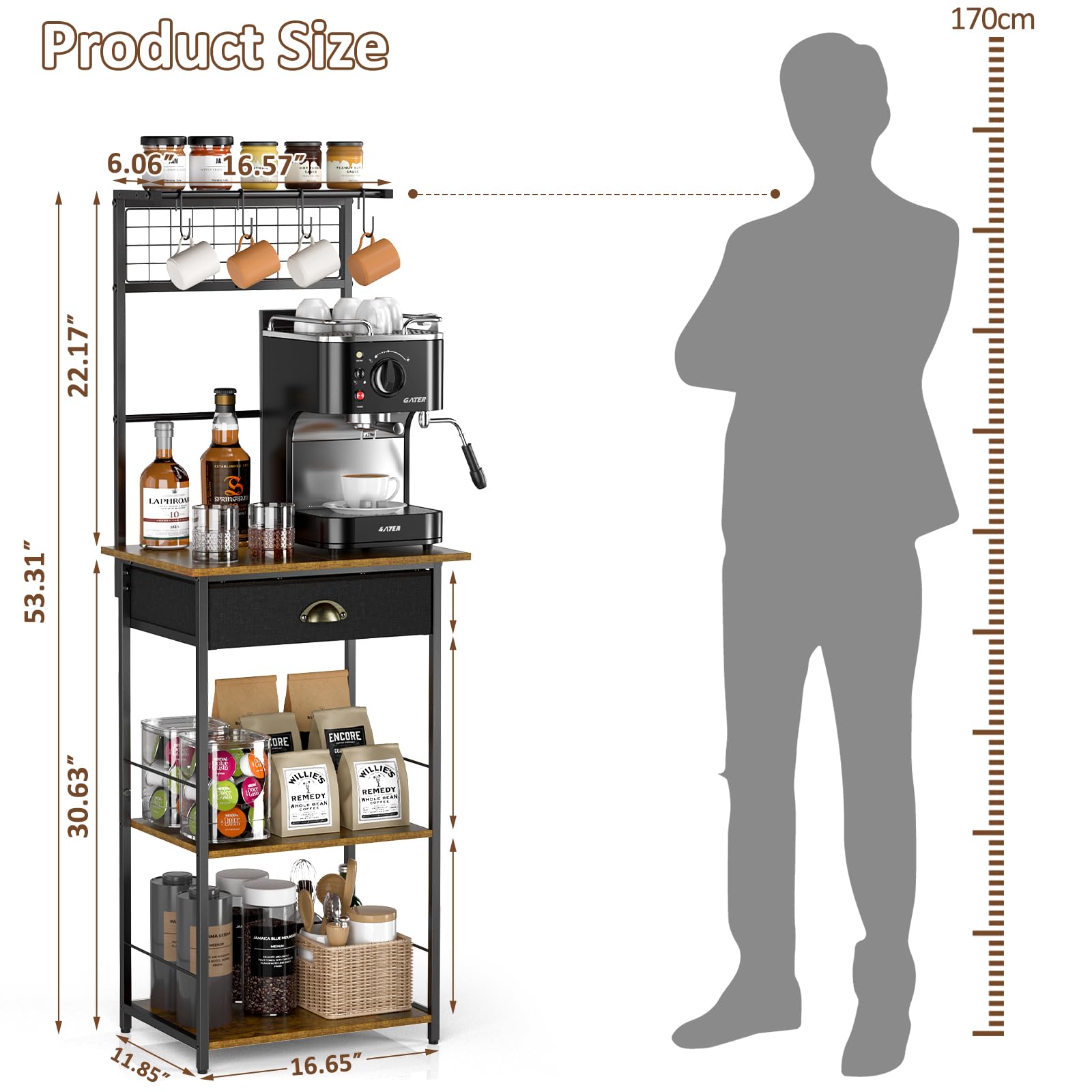 5 Tier Coffee Bar Station, Kitchen Stand with 4 S-Shaped Hooks, Farmhouse Corner Coffee Bar Cabinet for Small Spaces, Bakers Rack for Kitchen, Entryway, Living Room, 13.43"D x 18.93"W x 53.31"H