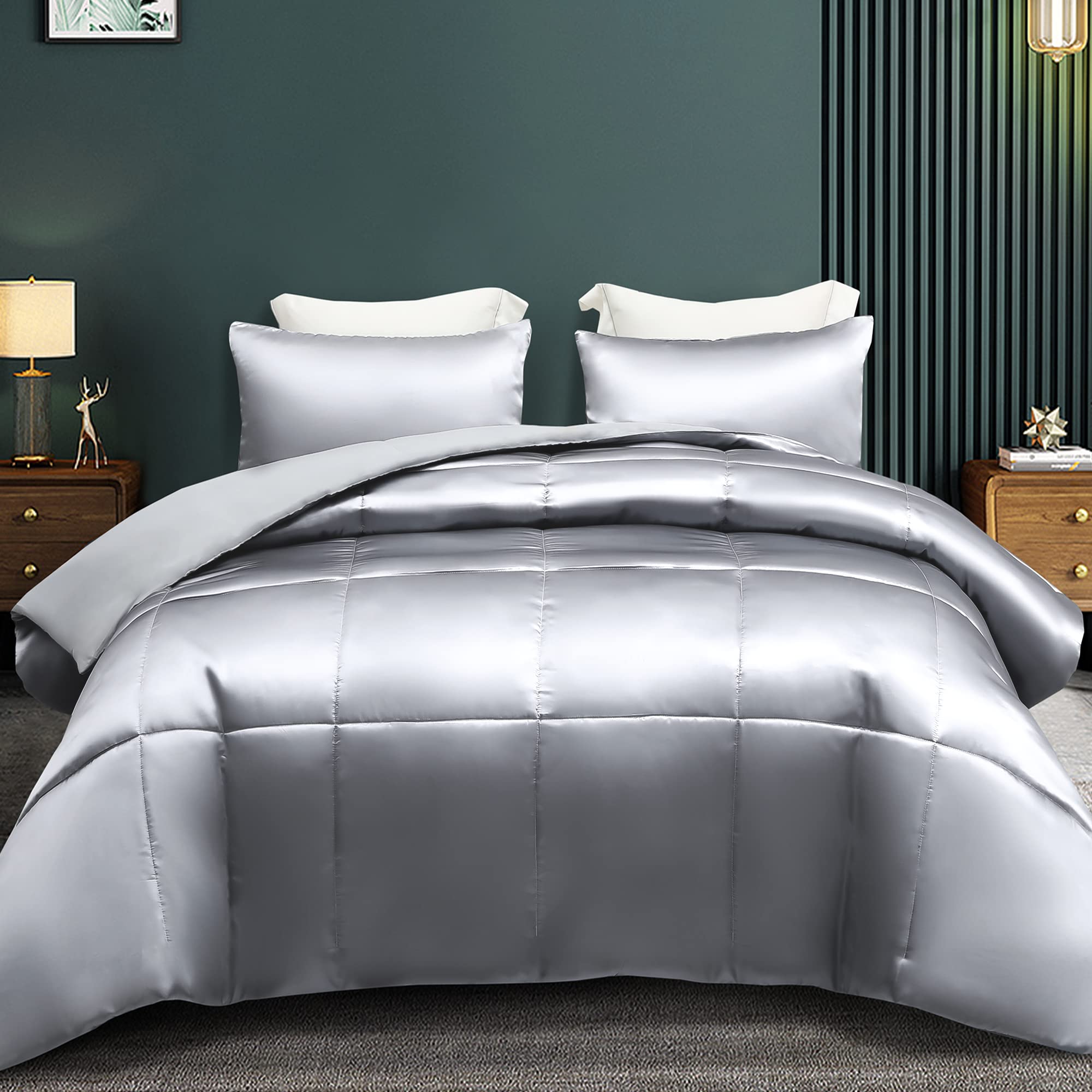 Whale Flotilla 2-Piece Reversible Silky Soft Twin Size Comforter Bedding Set, Luxurious Satin Comforters with Satin Pillowcase, Lightweight Duvet for All Seasons, Black